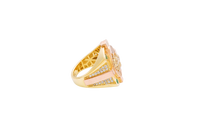 14KT Gold Ring Men's Two Tone Square Shape Oval Horse Head Portrait with Sunray Background and Corner Design One Green CZ Stone Shank Design Double Row White CZ Stone Interlocking Top/Side Cross