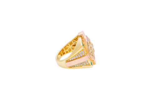 14KT Gold Ring Men's Two Tone Square Shape Oval Horse Head Portrait with Sunray Background and Corner Design One Green CZ Stone Shank Design Double Row White CZ Stone Interlocking Top/Side Cross