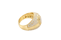 14KT Gold Ring Men's Round Double Platform Cluster Eight White CZ Stones Center with Plain Platform Ribbed Frame Side Design Pave Galaxy Formation White CZ Stones with Plain Ladder Print on Band