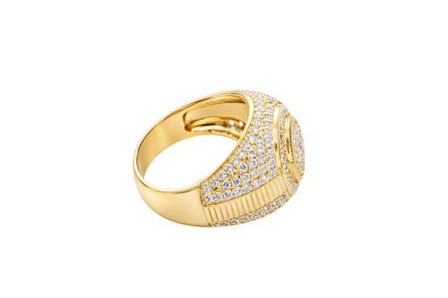 14KT Gold Ring Men's Round Double Platform Cluster Eight White CZ Stones Center with Plain Platform Ribbed Frame Side Design Pave Galaxy Formation White CZ Stones with Plain Ladder Print on Band