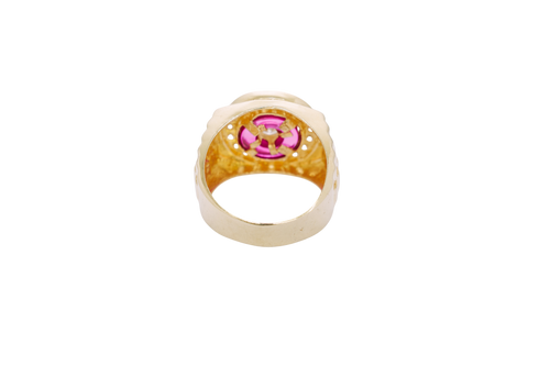 14KT Gold Ring Men's Mini Round White CZ Center Stone Plain Border on Red Onyx Background with White CZ Stones Border Side Design Jubilee