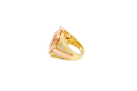 14KT Gold Ring Men's Two Tone Square/Oval St. Jude with Sunray Background and Corner Design One Green CZ Stone Shank Design Double Row White CZ Stone Interlocking Top/Side Cross