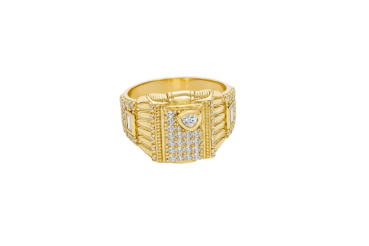 14KT Gold Ring Men's Raised Rectangle Vertical Flag Shape with White CZ Stone Rows and One Larger Round White CZ Stone Plain Triangle Shape Border as in Star position Side Design White CZ Stone Rows with Baguette/Plain Border