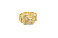 14KT Gold Ring Men's Raised Rectangle Vertical Flag Shape with White CZ Stone Rows and One Larger Round White CZ Stone Plain Triangle Shape Border as in Star position Side Design White CZ Stone Rows with Baguette/Plain Border