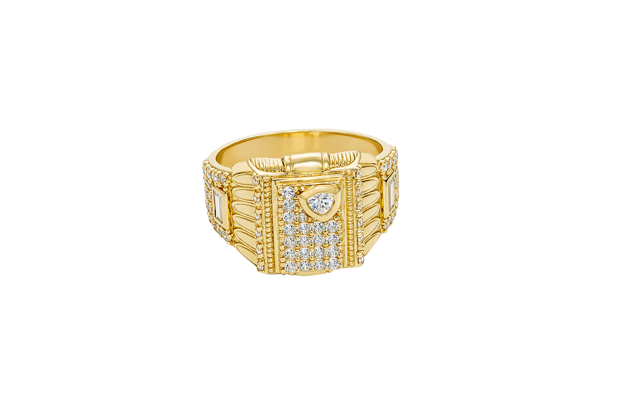 14KT Gold Ring Men's Raised Rectangle Vertical Flag Shape with White CZ Stone Rows and One Larger Round White CZ Stone Plain Triangle Shape Border as in Star position Side Design White CZ Stone Rows with Baguette/Plain Border