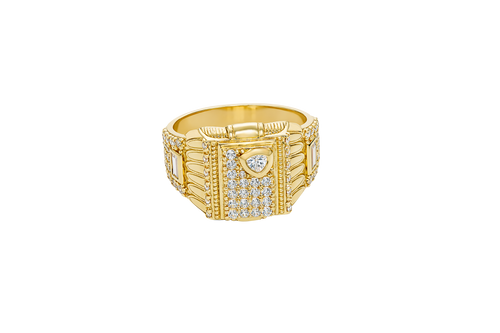 14KT Gold Ring Men's Raised Rectangle Vertical Flag Shape with White CZ Stone Rows and One Larger Round White CZ Stone Plain Triangle Shape Border as in Star position Side Design White CZ Stone Rows with Baguette/Plain Border