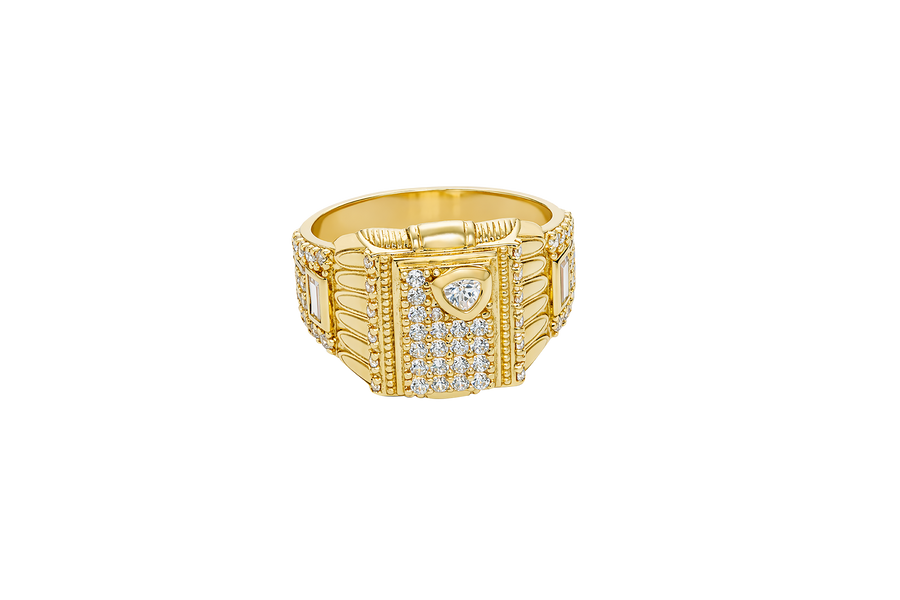 14KT Gold Ring Men's Raised Rectangle Vertical Flag Shape with White CZ Stone Rows and One Larger Round White CZ Stone Plain Triangle Shape Border as in Star position Side Design White CZ Stone Rows with Baguette/Plain Border