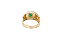 14KT Gold Ring Men's Octagon Green CZ Round Center Stone White CZ Stone Border Band Design Two Stacked "X" with Center Dot Single Row White CZ Stones Border