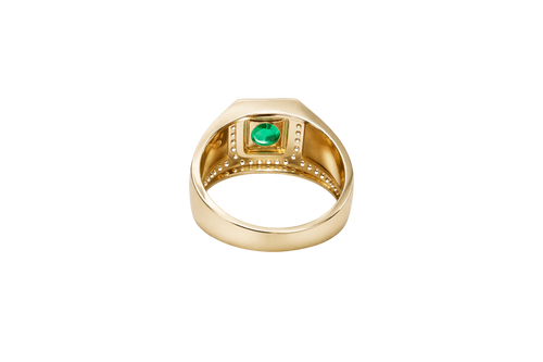 14KT Gold Ring Men's Octagon Green CZ Round Center Stone White CZ Stone Border Band Design Two Stacked "X" with Center Dot Single Row White CZ Stones Border