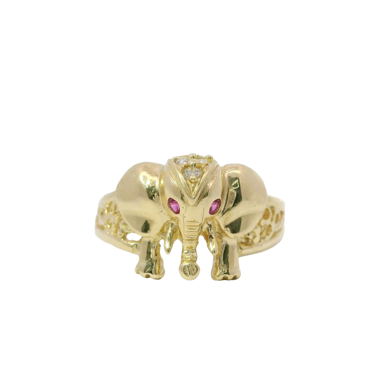 14KT Gold Ring Women's Forward Facing Pink Eye Elephant with White CZ Stones Veil Split Band with Three Loops on Side