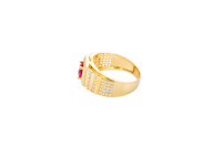 14KT Gold Ring Men's Round Red CZ Stone Plain Square Border with Side Design White CZ Stones 2 Tiers Single Row 3rd Tier Triple Row of Five White CZ Stones