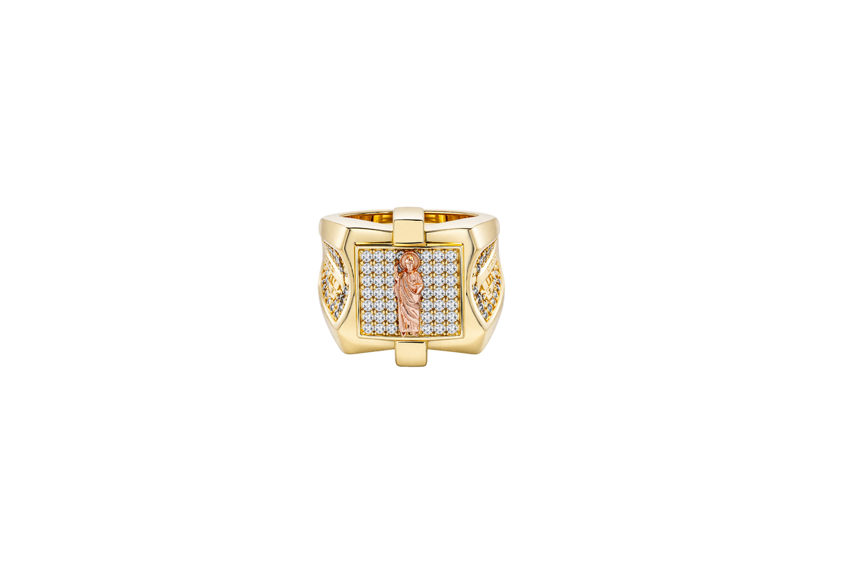 14KT Gold Ring Men's Square Raised Two Tone St. Jude Plain Border with White CZ Stone Background Plain Cross on Sides