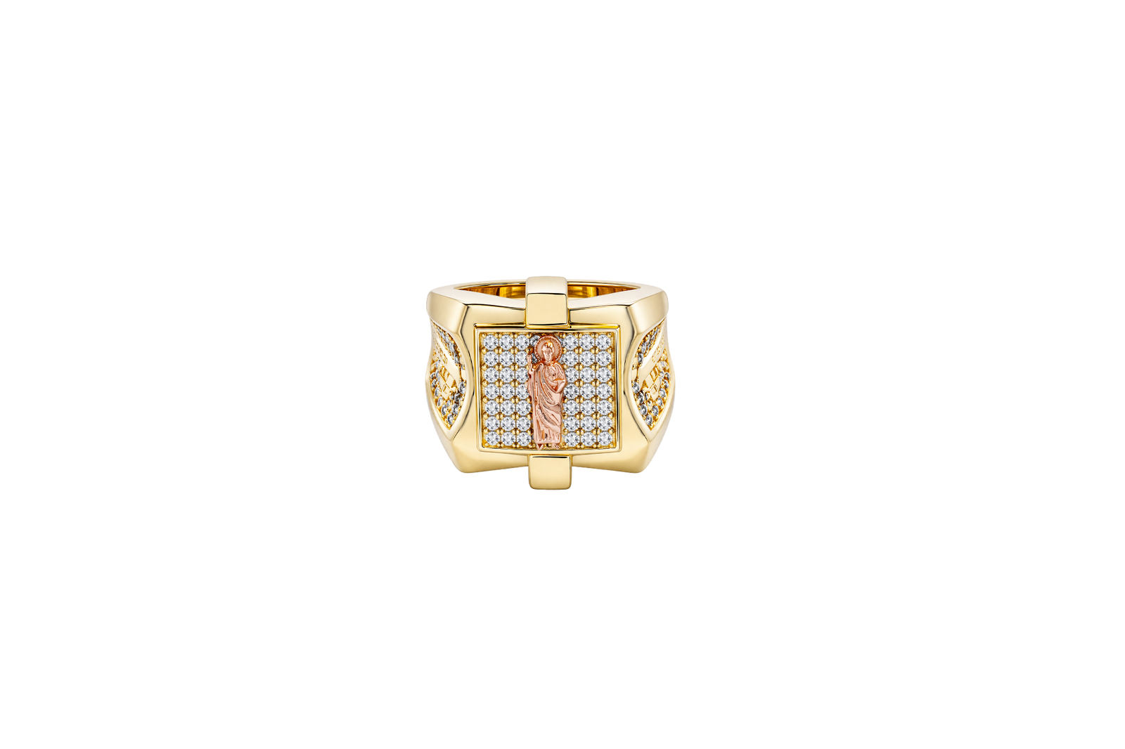 14KT Gold Ring Men's Square Raised Two Tone St. Jude Plain Border with White CZ Stone Background Plain Cross on Sides