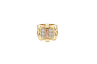 14KT Gold Ring Men's Square Raised Two Tone St. Jude Plain Border with White CZ Stone Background Plain Cross on Sides