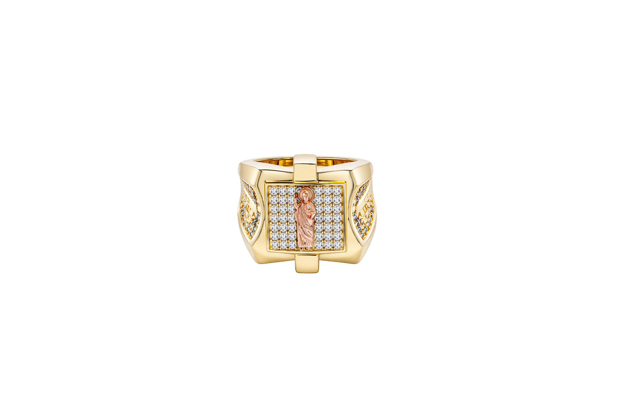 14KT Gold Ring Men's Square Raised Two Tone St. Jude Plain Border with White CZ Stone Background Plain Cross on Sides