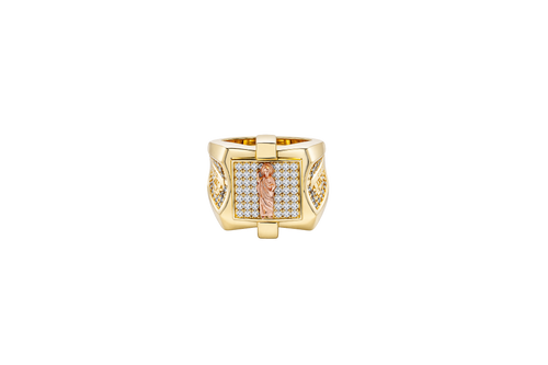 14KT Gold Ring Men's Square Raised Two Tone St. Jude Plain Border with White CZ Stone Background Plain Cross on Sides