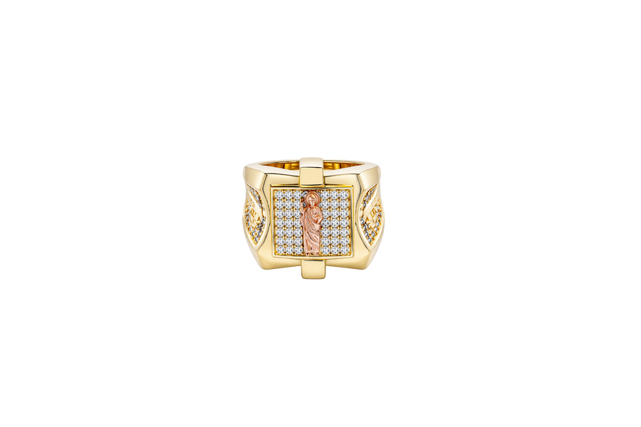 14KT Gold Ring Men's Square Raised Two Tone St. Jude Plain Border with White CZ Stone Background Plain Cross on Sides