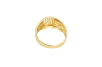 14KT Gold Ring Men's Oval White CZ Stone Cluster Center Design with Seven Rows Plain Border Side Design Two Single Rows of White CZ Stones with Gold Rope Pattern in Middle