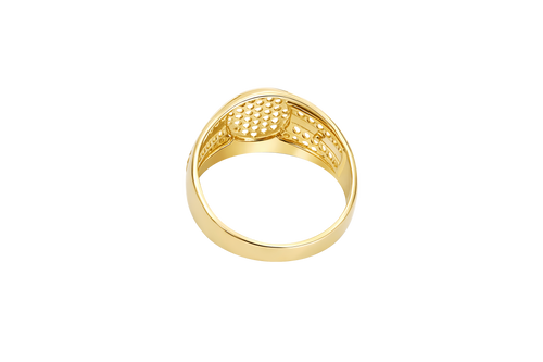 14KT Gold Ring Men's Oval White CZ Stone Cluster Center Design with Seven Rows Plain Border Side Design Two Single Rows of White CZ Stones with Gold Rope Pattern in Middle