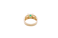 14KT Gold Ring Men's Square Green CZ Round Center Stone White CZ Stone Border Band Design Half/Full/Half Stacked Boxes Cutouts with Single Row White CZ Stones Border