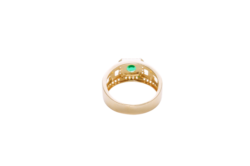 14KT Gold Ring Men's Square Green CZ Round Center Stone White CZ Stone Border Band Design Half/Full/Half Stacked Boxes Cutouts with Single Row White CZ Stones Border