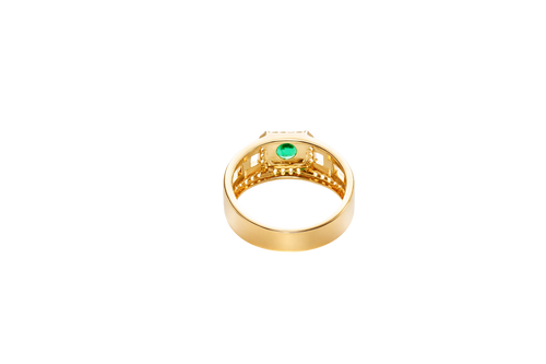 14KT Gold Ring Men's Square Green CZ Round Center Stone White CZ Stone Border Band Design 3 Stacked Cutout Boxes with Single Row White CZ Stones Border