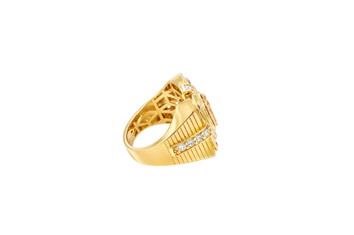 14KT Gold Ring Men's Two Tone Square Raised St. Jude with Sunray Background and Single Row White CZ Stone Border Corner Design One Red/Pink CZ Stone Band Design Four White CZ Stones Plain Border Stripe Etched Background
