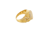 14KT Gold Ring Men's Oval White CZ Stone Raised Platform with White CZ Stone Edge Shank Etched Stripes White CZ Stone Triangle Shape and White CZ Stone Border