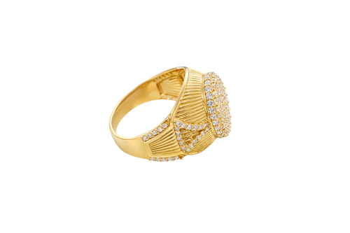 14KT Gold Ring Men's Oval White CZ Stone Raised Platform with White CZ Stone Edge Shank Etched Stripes White CZ Stone Triangle Shape and White CZ Stone Border