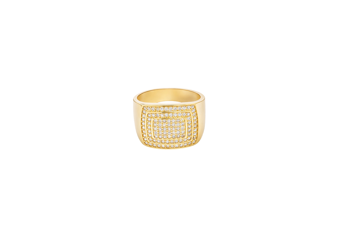 14KT Gold Ring Men's Flat Curved Rectangle White CZ Stones Five Rows of Seven Center with White CZ Stones Double Border and Plain Band