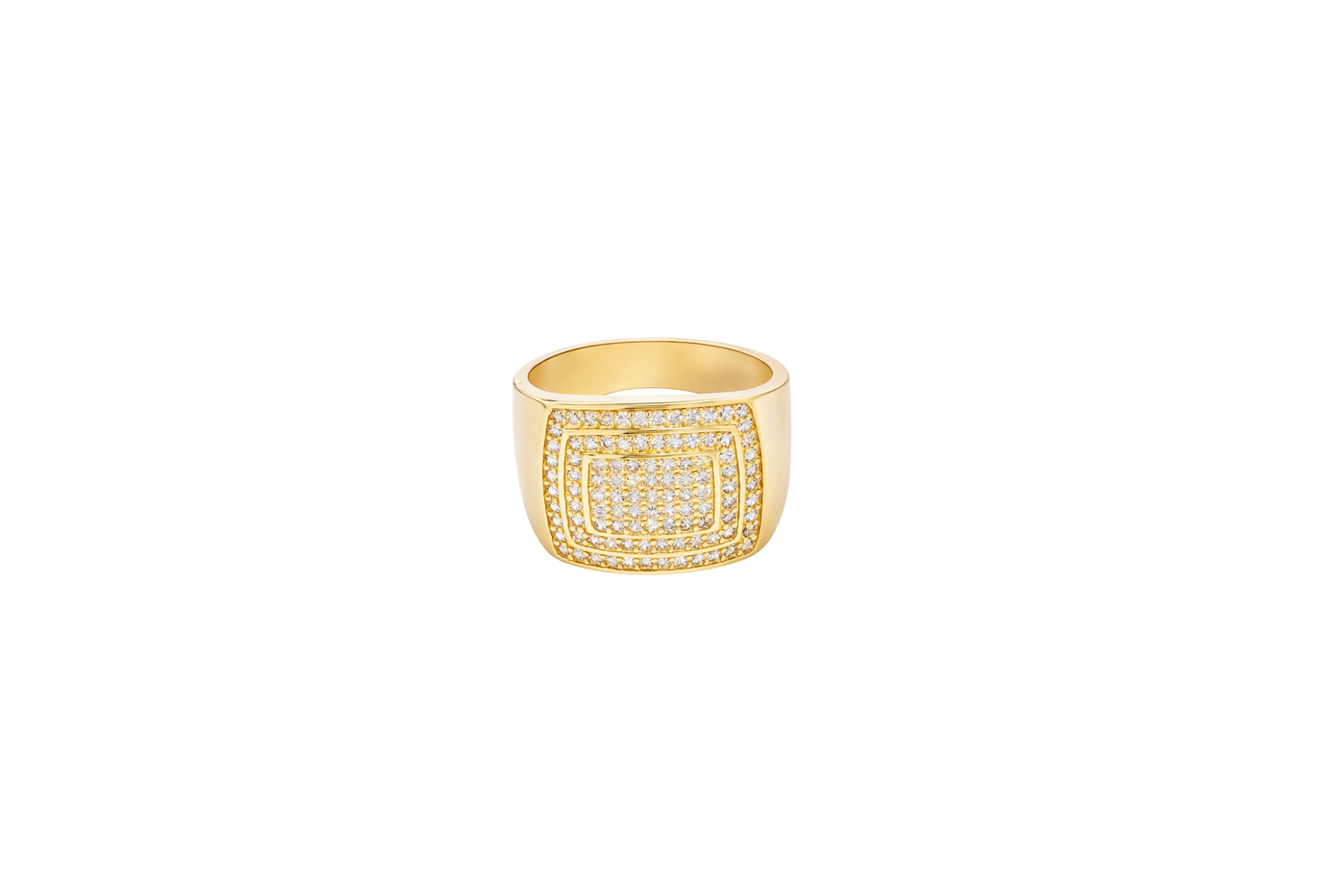 14KT Gold Ring Men's Flat Curved Rectangle White CZ Stones Five Rows of Seven Center with White CZ Stones Double Border and Plain Band