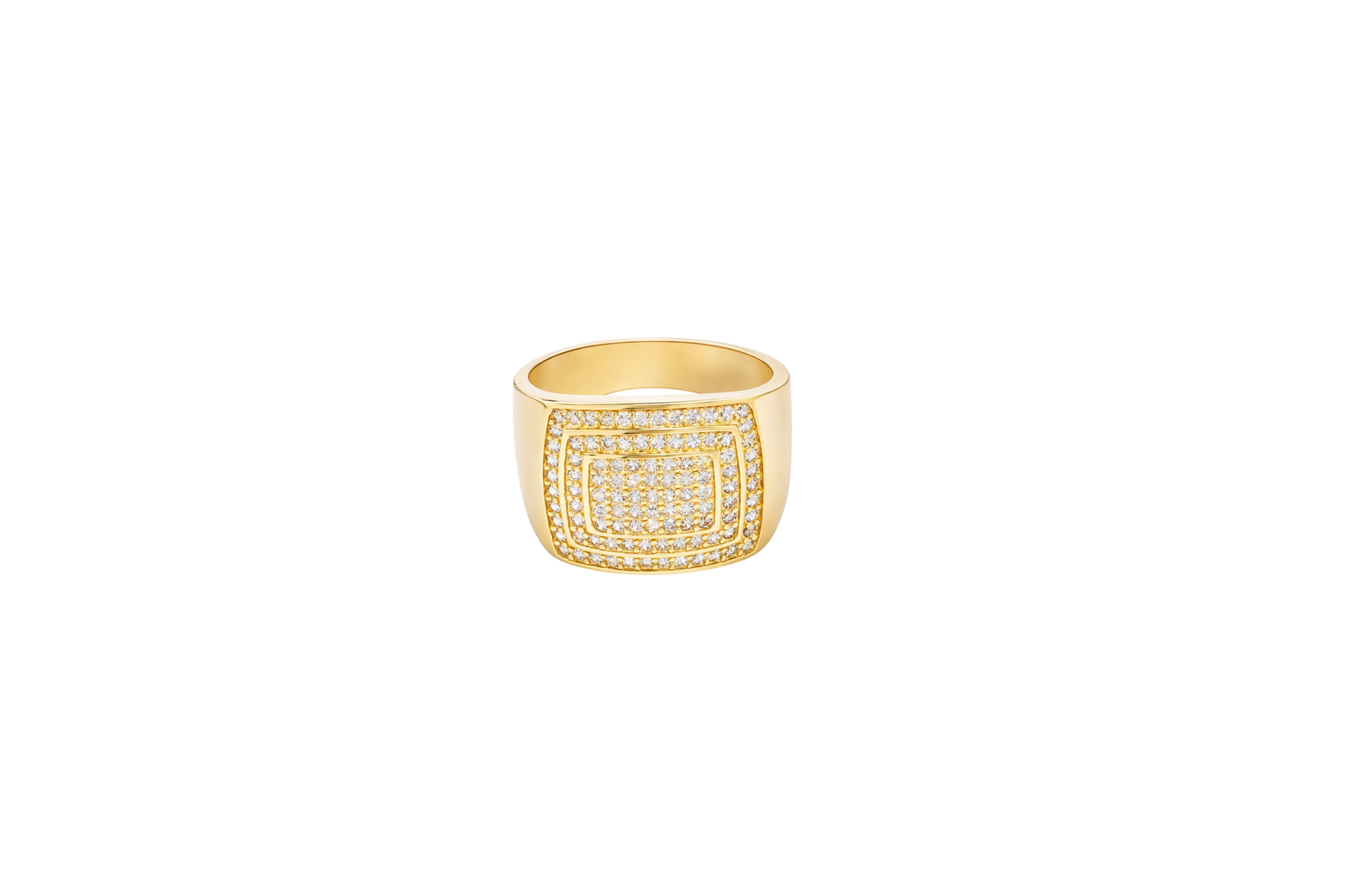 14KT Gold Ring Men's Flat Curved Rectangle White CZ Stones Five Rows of Seven Center with White CZ Stones Double Border and Plain Band
