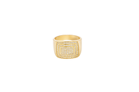 14KT Gold Ring Men's Flat Curved Rectangle White CZ Stones Five Rows of Seven Center with White CZ Stones Double Border and Plain Band