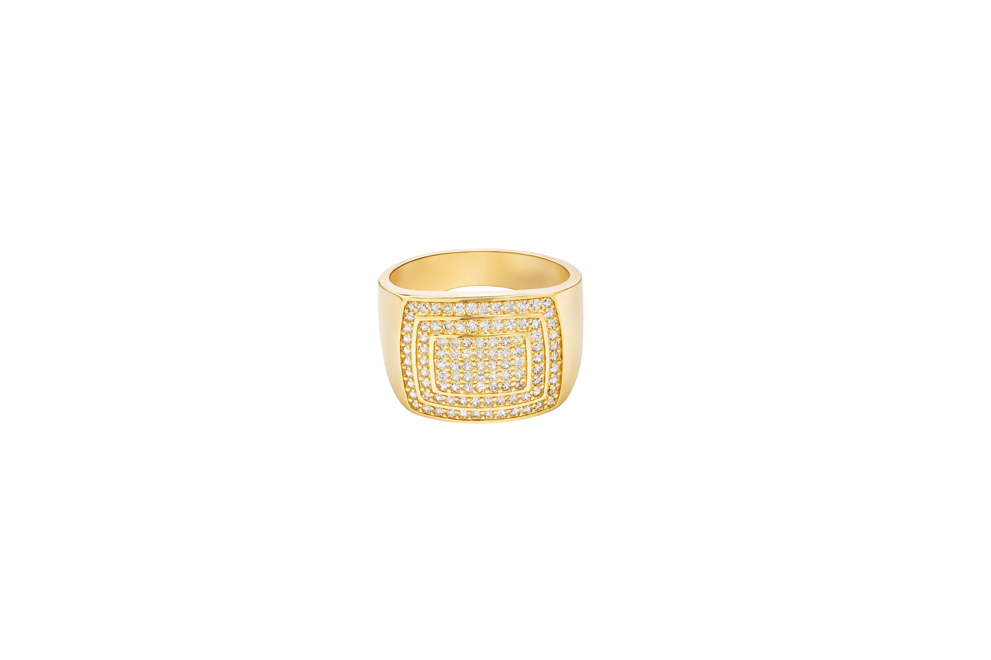 14KT Gold Ring Men's Flat Curved Rectangle White CZ Stones Five Rows of Seven Center with White CZ Stones Double Border and Plain Band