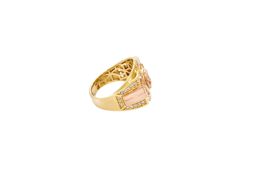 14KT Gold Ring Men's Square Two Tone Horse Head Round Center with Horseshoe Frame and White CZ Stones Border White CZ Stone on Each Corner and U-Shaped White CZ Stones Band Border