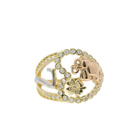 14KT Gold Ring Women's Tri Tone "Lucky Heart" Heart Shape with Open Split White CZ Stones Band "7" Center with Flower
