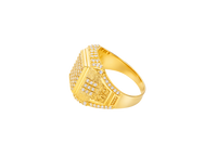 14KT Gold Ring Men's Rectangle Seven Row White CZ Stone Platform Double Plain Border Edge White Stones Shank Embossed Scrolled Design White CZ Stone Border and Three White CZ Stone Stripes