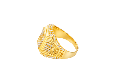 14KT Gold Ring Men's Rectangle Seven Row White CZ Stone Platform Double Plain Border Edge White Stones Shank Embossed Scrolled Design White CZ Stone Border and Three White CZ Stone Stripes