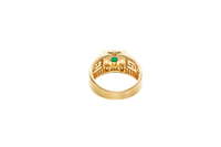 14KT Gold Ring Men's Square Green CZ Round Center Stone White CZ Stone Border Band Design Greek with Single Row White CZ Stones Border Plain Thread on Edge Border