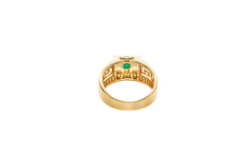 14KT Gold Ring Men's Square Green CZ Round Center Stone White CZ Stone Border Band Design Greek with Single Row White CZ Stones Border Plain Thread on Edge Border