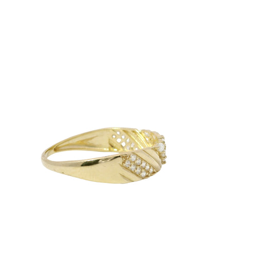 14KT Gold Ring Women's Light Weight White CZ Stone Pear / Marquise Snowflake Center with White CZ Stone V Stripe Band
