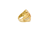 14KT Gold Ring Men's Two Tone Square Raised Virgin Mary with Sunray Background and Single Row White CZ Stone Border Corner Design One Red/Pink CZ Stone Band Design Four White CZ Stones Plain Border Stripe Etched Background