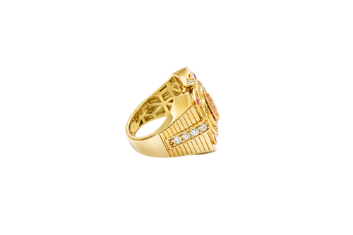 14KT Gold Ring Men's Two Tone Square Raised Virgin Mary with Sunray Background and Single Row White CZ Stone Border Corner Design One Red/Pink CZ Stone Band Design Four White CZ Stones Plain Border Stripe Etched Background