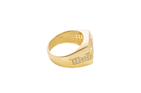 14KT Gold Ring Men's Square White CZ Stones Seven Row Center Square Design Raised 2 x 2 White CZ Stones Left/Right Edge Design with Double Row White CZ Stones Waterfall Side Design Plain Border
