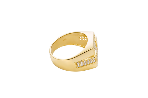 14KT Gold Ring Men's Square White CZ Stones Seven Row Center Square Design Raised 2 x 2 White CZ Stones Left/Right Edge Design with Double Row White CZ Stones Waterfall Side Design Plain Border