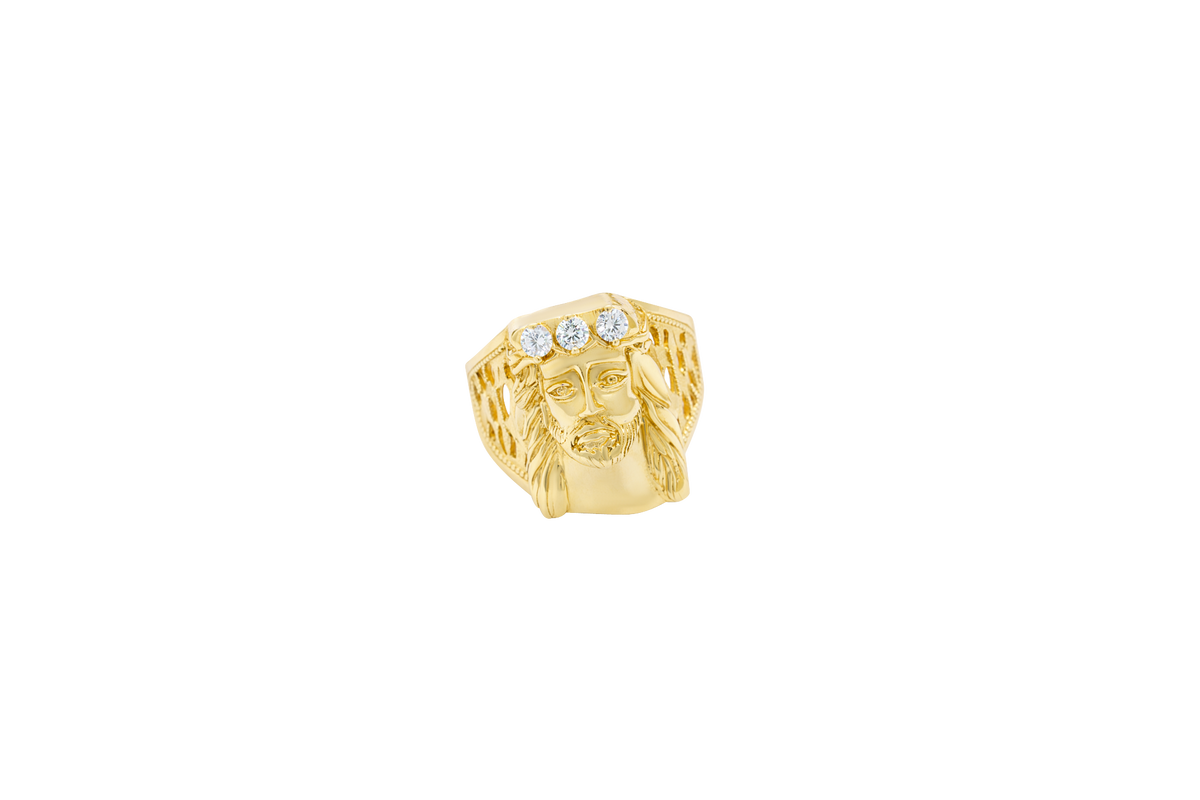14KT Gold Ring Men's Jesus Head Three White Round CZ Stones Crown Side Design 10 Gallery Hole