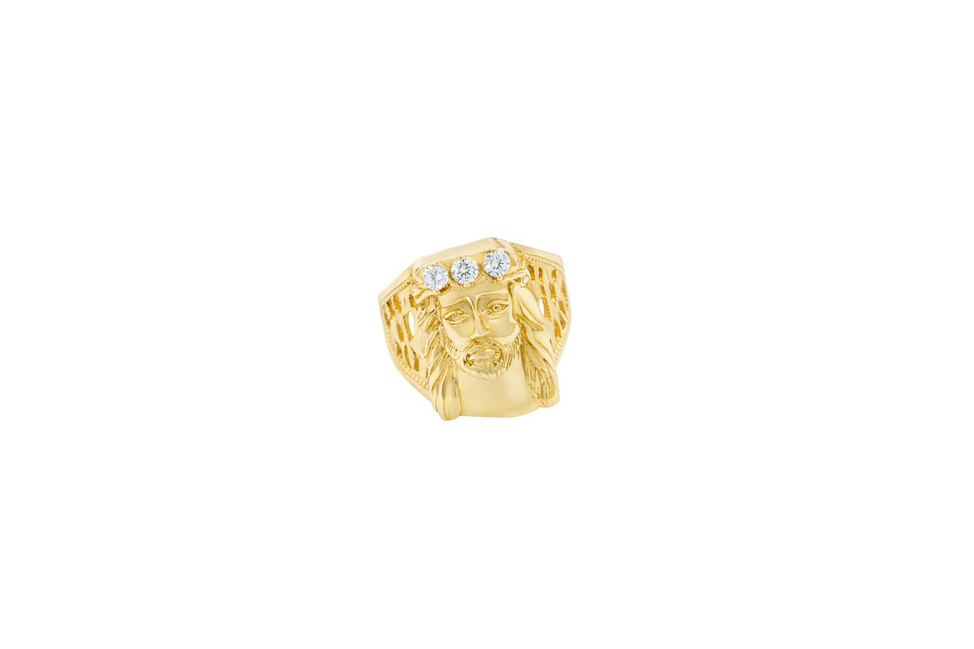 14KT Gold Ring Men's Jesus Head Three White Round CZ Stones Crown Side Design 10 Gallery Hole