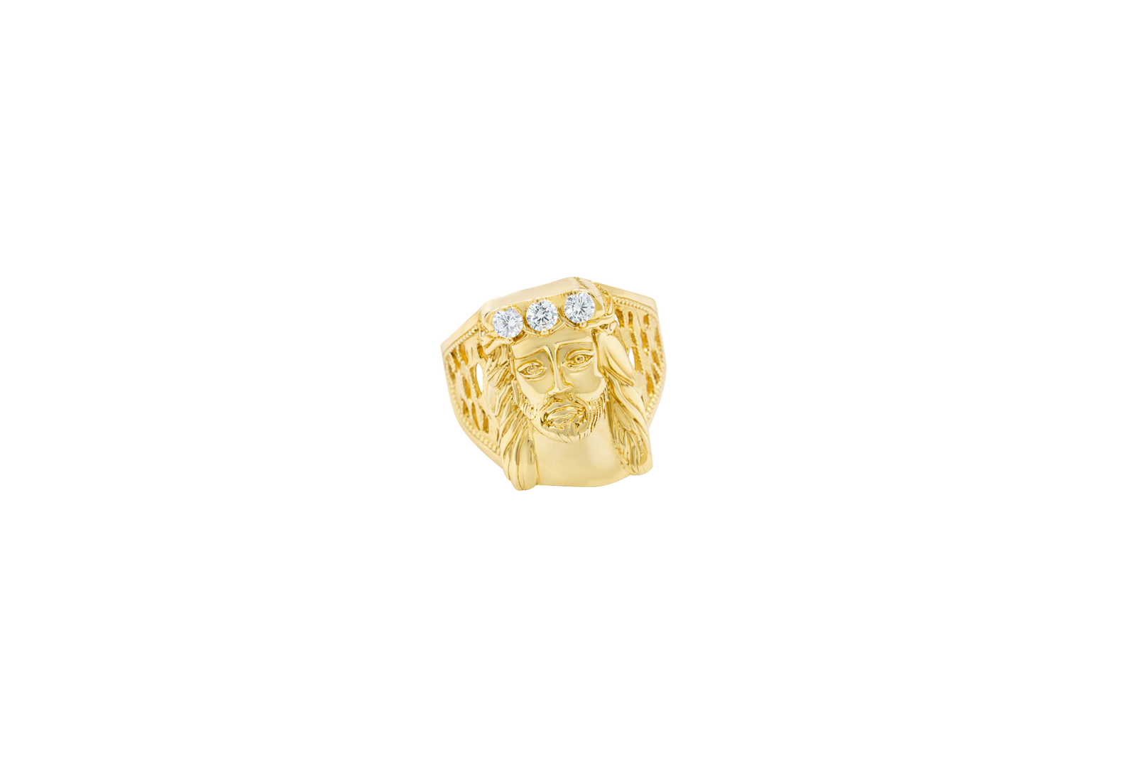 14KT Gold Ring Men's Jesus Head Three White Round CZ Stones Crown Side Design 10 Gallery Hole
