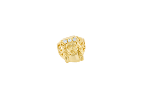 14KT Gold Ring Men's Jesus Head Three White Round CZ Stones Crown Side Design 10 Gallery Hole