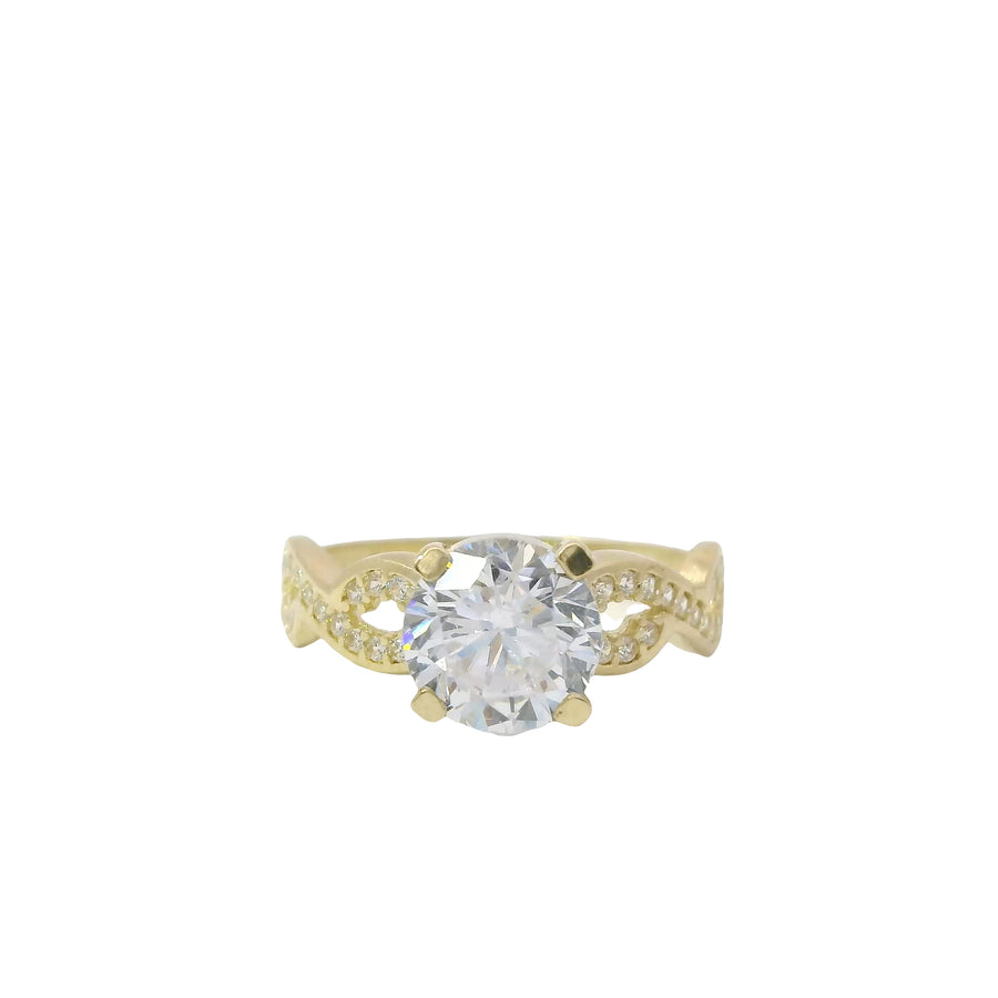 14KT Gold Ring Women's 4 Prong Round Cushion Cut White CZ Stone Solitaire with White CZ Infinity Loop Band